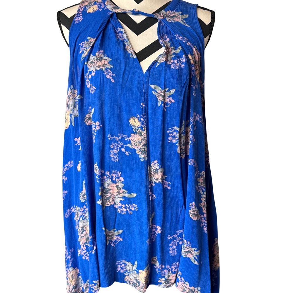 Free People Blue Floral Sleeveless Mini Dress High Neck Keyhole Size S Boho